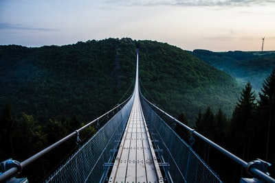 灰色和黑色的木桥横跨树木覆盖的山脉